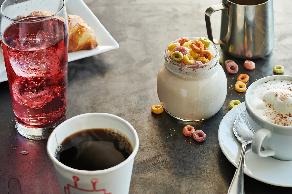 Fresh coffee and colourful drinks served together at Bar Robo.
