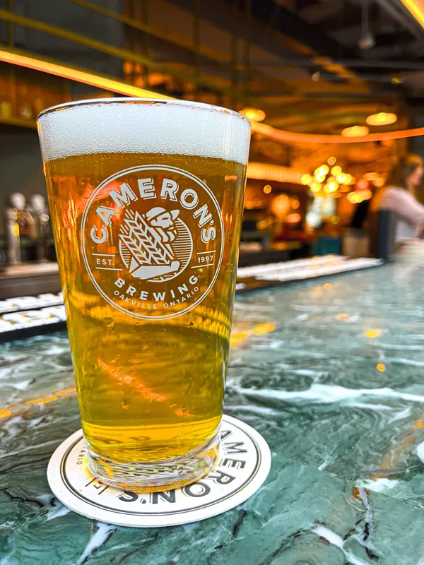 A glass of craft beer on the bar.